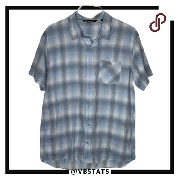 Travis Mathew XL Blue/Gray/White Plaid Short Sleeve Button Down Shirt - Picture 1 of 6